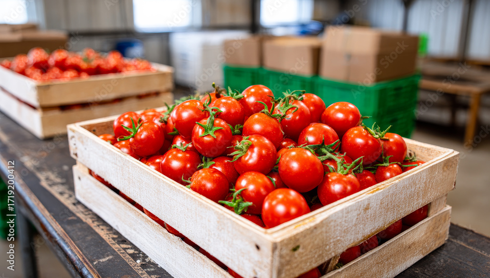 Poster fresh tomatoes in wooden crates. bright red tomatoes are neatly stacked in wooden crates inside a wa