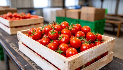 Fresh tomatoes in wooden crates. Bright red tomatoes are neatly stacked in wooden crates inside a warehouse, highlighting freshness and quality.