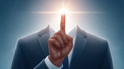 A businessman hand raising one finger upward, symbolizing focus on one thing for success. Doing one thing at a time and staying with it until achieving the plan.