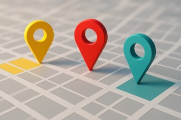 Location Indicators: Three vibrant location indicators pinpoint destinations across a detailed map. The scene suggests exploration, navigation, and the act of journeying.