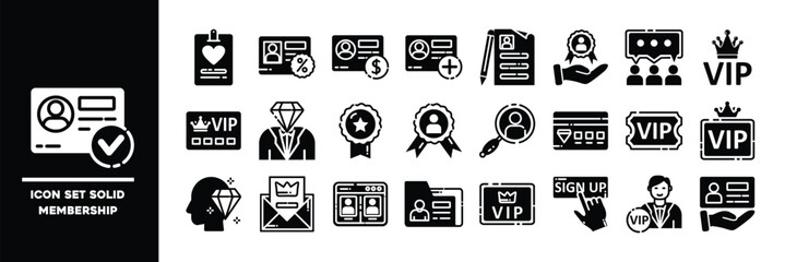 Membership Solid Black Icon Set including VIP Services.