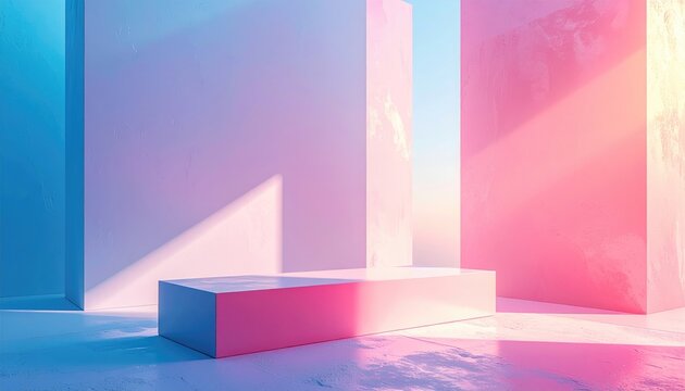 Abstract scene with a pink platform and towering pastel blocks basking in surreal, gradient light on a textured surface