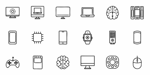 Modern technology icons showcasing computers, smartphones, brains, and gaming devices for digital concepts and innovation
