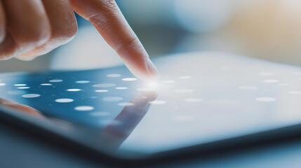 Close-up of a finger interacting with a touchscreen device displaying illuminated dots