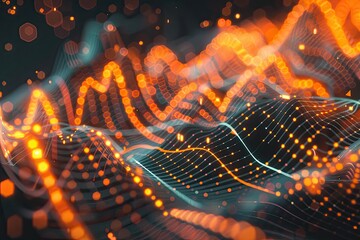 Abstract digital artwork depicting a flowing, luminous landscape of interconnected nodes and lines, creating a wave-like pattern with vibrant orange and teal hues against a dark background