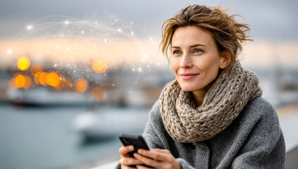 Woman using smartphone by the waterfront. A woman in a warm scarf gazes at her smartphone while seated by the calm waterfront in evening light.