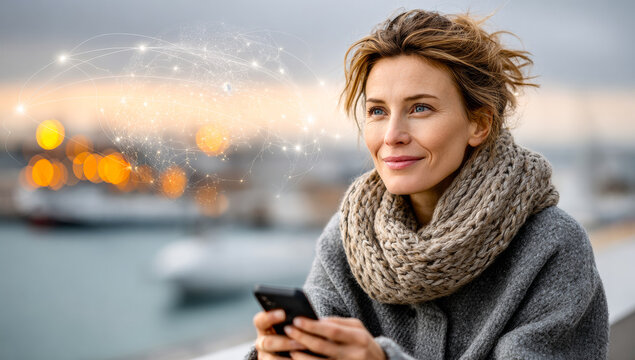 Woman using smartphone by the waterfront. A woman in a warm scarf gazes at her smartphone while seated by the calm waterfront in evening light.