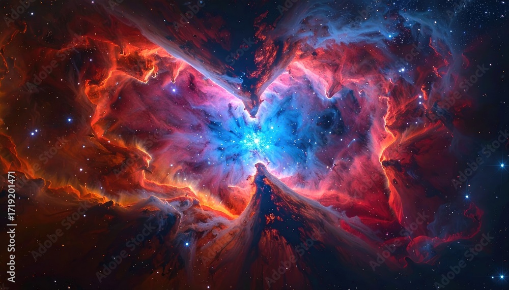 Wall mural ethereal cosmic cloud of vibrant reds, oranges, and blues in the darkness of space, resembling wings