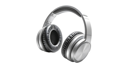 Silver over-ear headphones with black earcups, angled slightly to the right, showcasing a sleek, modern design