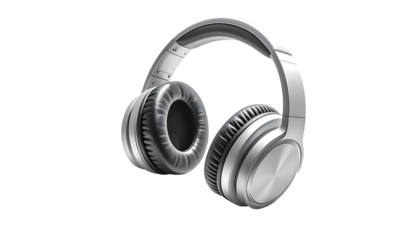 Silver over-ear headphones with black earcups, angled slightly to the right, showcasing a sleek, modern design