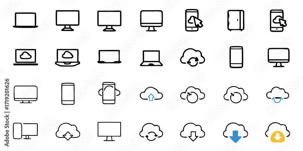 Poster dynamic collection of modern technology and cloud icons representing digital connectivity, data tran