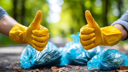 Participants clean park, thumbs up!. People in yellow gloves are cleaning a park and giving a thumbs up next to bags filled with collected trash.