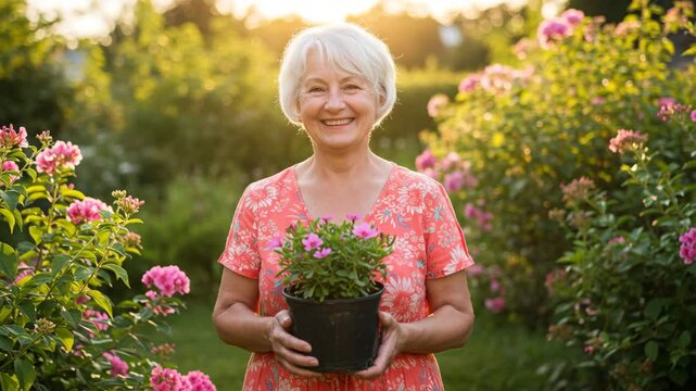 enior woman holding potted flowers in garden, backyard gardening tips, container gardening for beginners, home garden care, retirement hobby ideas, senior activities outdoor