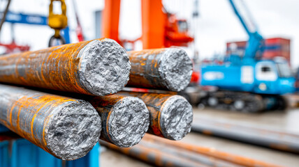 Heavy steel rods in a busy port. Steel rods are stacked at a shipyard, surrounded by cranes and shipping containers on a cloudy day.