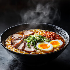 Steaming bowl of ramen noodles with chashu pork soft boiled eggs and chili oil