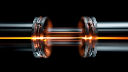 Abstract image of two metallic tubes,  glowing orange/yellow light in the middle