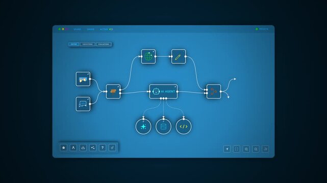 AI automation workflow dashboard with connected nodes and coding interface, looped animation