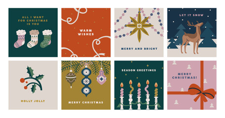 Christmas holiday, card designs set. Xmas festive postcards, square backgrounds with typography. Winter greetings with reindeer, bauble, ribbon and bow, gift and candles. Flat vector illustrations