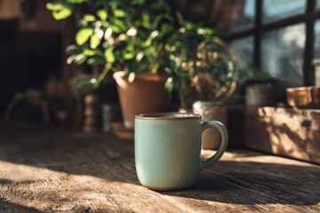Light-filled rustic scene with teal mug on wooden table