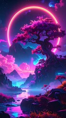 Vibrant, surreal landscape with a majestic tree