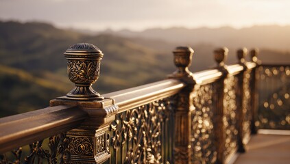 Ornate golden railing on a mountain vista. Soft sunlight