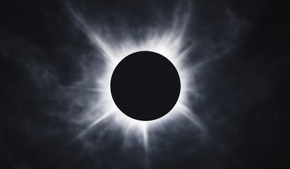 Obraz premium Black hole sun centered symmetrically in eclipse light rays emanating from core surrounded dark clouds solar silhouette sharp focus background swirling mist darkness