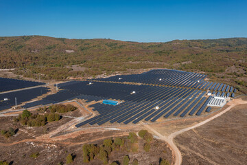 Aerial view to a solar panels in solar park near to Malko Tarnovo, Burgas, Bulgaria