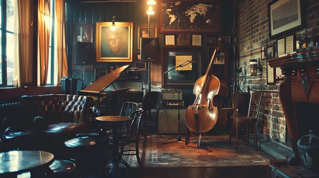 Music vintage stage jazz elegant pub waiting for band. Vintage jazz stage in a cozy pub with double bass, piano and microphone