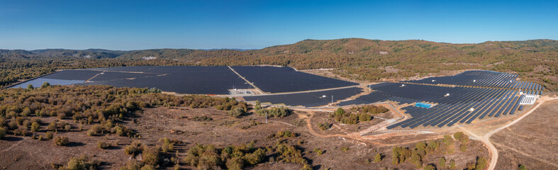 Aerial view to a solar panels in solar park near to Malko Tarnovo, Burgas, Bulgaria