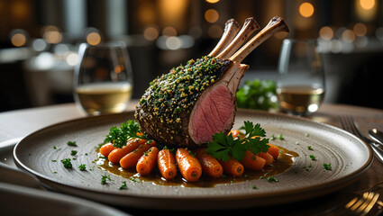 Saddle of lamb with a fragrant herb crust glazed baby carrots and fresh parsley, arranged artfully on a rustic earthy-toned plate generative AI