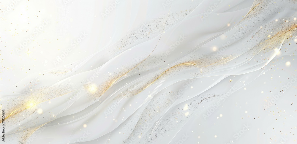 Poster abstract image of flowing white fabric with golden highlights and sparkles, creating a luxurious and