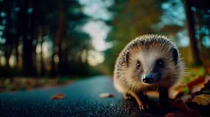 An unexpected encounter with hedgehog on country road, a hedgehog walking through an autumn forest, changing seasons and caring for the environment, hedgehog as symbol of caring for the environment