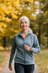 Active Mature Woman: Smiling woman with gray hair wearing athletic wear jogging on a park path in autumn.