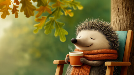 A funny hedgehog, wrapped in a warm scarf, drinks hot tea under an autumn tree and enjoys a warm autumn day. This drawing is about relaxation and recuperation in nature