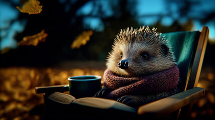 hedgehog reads book while sitting in a chair on a late autumn evening, cup of hot tea warms on a cool evening, a poster with a cute anthropomorphic hedgehog in a dark key about rest and recuperation