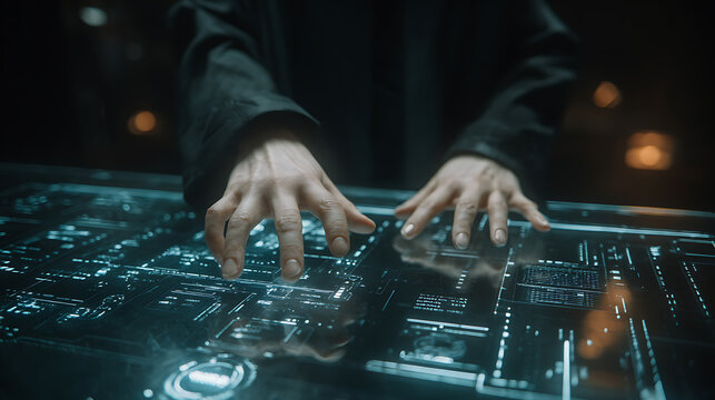 Hands interacting with a futuristic holographic interface displaying digital data and circuit patterns. - Powered by Adobe