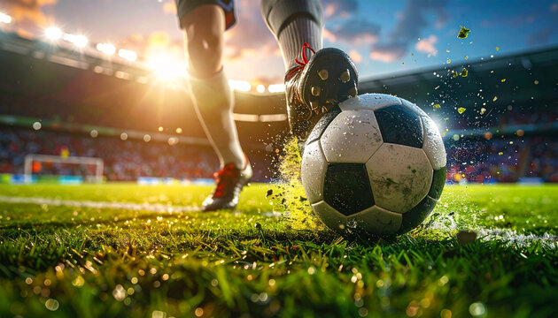 soccer ball on the field, soccer player’s foot about to kick a ball on a stadium field, dramatic sunlight, dynamic action, sports photography style