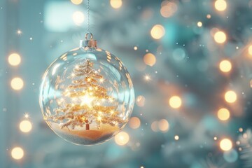 Obraz premium Christmas tree inside a glass ball christmas ornament glowing.