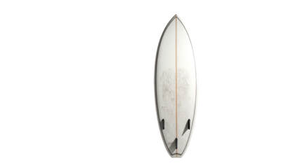 Off-white surfboard with a subtle, organic, beige pattern centered on its surface, featuring a pointed nose and rounded tail