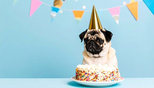 Pug dog with birthday cake