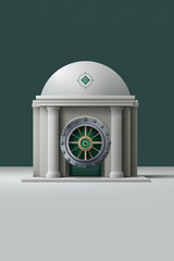 Vault Door: A robust bank entrance with a metal and green circular safe door set in a stone building with columns.