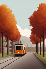 Vintage city tram travels down autumn avenue, surrounded by colorful trees, architectural detail, and urban charm.