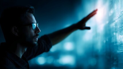 Focused man wearing glasses reaches out to touch a glowing futuristic digital interface displaying complex data and information