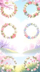 Floral wreaths on a serene spring landscape