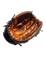 Well-worn, tan leather baseball mitt; laces intact, showing significant use and texture