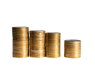 Four stacks of gold coins decreasing in size, showing a declining trend against a black background