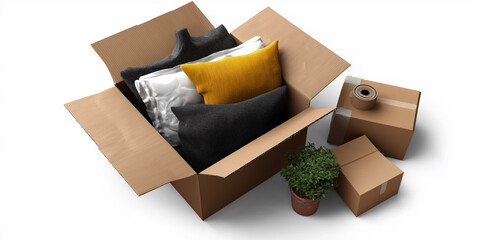A cardboard box filled with pillows and other household items, with packing boxes and plant on isolated white background.