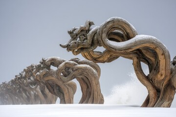 Twisted gnarled trees in snow, a line of weathered branches