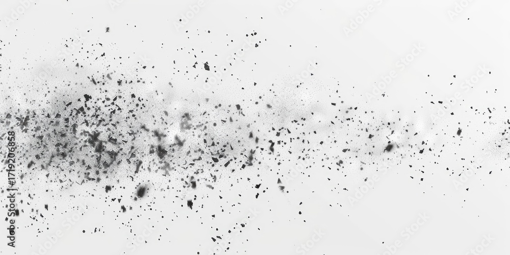 Poster abstract grayscale image depicting a scattered cloud of dark particles against a light background, s