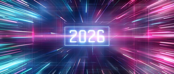 Futuristic digital background showcasing dynamic light trails and vibrant colors with the year 2026 prominently displayed